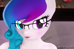 Size: 1504x1000 | Tagged: safe, artist:lunati, oc, oc only, oc:aurora starling, species:anthro, 3d, blep, eyelashes, female, glasses, heterochromia, looking at you, solo, source filmmaker, tongue out