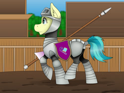 Size: 1000x750 | Tagged: safe, artist:zeronitroman, character:auntie lofty, species:pegasus, species:pony, arena, armor, female, jousting lance, lance, mare, mud, profile, shield, solo, weapon, ych result