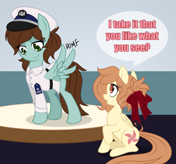 Size: 1461x1366 | Tagged: safe, artist:the-orator, oc, oc only, oc:anchors, oc:whirly willow, species:pegasus, species:pony, clothing, female, mare, navy, pomf, rule 63, uniform, wingboner