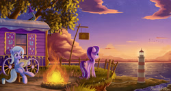 Size: 3000x1600 | Tagged: safe, artist:emeraldgalaxy, character:starlight glimmer, character:trixie, species:bird, species:pony, species:unicorn, bottle, campfire, cloud, duo, female, fence, fire, grass, lighthouse, mare, newspaper, ocean, ponies sitting like humans, reading, scenery, scenery porn, sky, standing, stars, sunset, tree, trixie's wagon