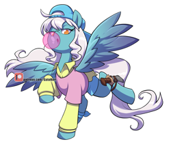 Size: 2456x2048 | Tagged: safe, artist:norithecat, oc, oc only, oc:ice, species:pegasus, species:pony, backwards ballcap, baseball cap, bubblegum, cap, clothing, commission, cute, digital, female, food, fullbody, gum, hat, ice, looking at you, mare, patreon, patreon logo, sai, shirt, simple background, solo, spread wings, watermark, white background, wings