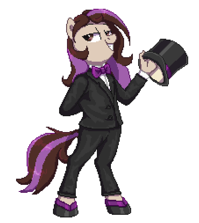 Size: 680x760 | Tagged: safe, artist:thebowtieone, oc, oc only, oc:bowtie, species:anthro, species:earth pony, species:pony, species:unguligrade anthro, animated, bipedal, clothing, female, gif, hat, mare, pixel art, simple background, solo, suit, top hat, transparent background
