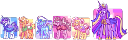 Size: 4641x1461 | Tagged: safe, artist:spudsmcfrenzy, character:applejack, character:fluttershy, character:pinkie pie, character:rainbow dash, character:rarity, character:twilight sparkle, character:twilight sparkle (alicorn), species:alicorn, species:pony, episode:the last problem, g4, my little pony: friendship is magic, alternate universe, elderly, glasses, immortality blues, mane six, older, older applejack, older fluttershy, older mane six, older pinkie pie, older rainbow dash, older rarity, older twilight, princess twilight 2.0, simple background, story in the source, story included, transparent background