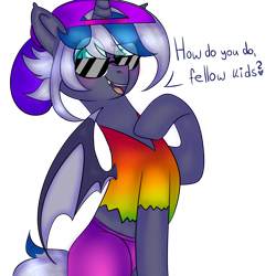 Size: 2500x2500 | Tagged: safe, artist:bublebee123, oc, oc only, oc:elizabat stormfeather, species:alicorn, species:bat pony, species:pony, 90's fashion, alicorn oc, april fools, april fools 2020, backwards ballcap, baseball cap, bat pony alicorn, bat pony oc, bat wings, blushing, cap, clothing, fangs, female, hat, horn, how do you do fellow kids, mare, open mouth, pants, shirt, simple background, solo, sunglasses, t-shirt, transparent background, wings