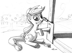 Size: 1000x745 | Tagged: safe, artist:tobibrocki, character:applejack, barn, female, hammer, monochrome, mouth hold, nails, sitting, solo