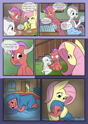 Size: 2893x4092 | Tagged: safe, artist:mustachedbain, character:fluttershy, oc, oc:august, oc:izen, oc:rexion, species:dragon, species:pegasus, species:pony, comic:my dragon children, adopted offspring, alternate hairstyle, blanket, comic, dish, female, hug, male, mother and child, mother and son