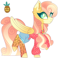 Size: 3200x3200 | Tagged: safe, alternate version, artist:bublebee123, oc, oc only, oc:pina colada (ice1517), parent:applejack, parent:strawberry sunrise, parents:applerise, species:pegasus, species:pony, icey-verse, blouse, clothing, female, food, magical lesbian spawn, mare, markings, offspring, pineapple, raised hoof, raised leg, shirt, shorts, simple background, socks, solo, transparent background
