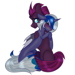 Size: 2500x2500 | Tagged: safe, artist:bublebee123, character:tempest shadow, oc, oc:elizabat stormfeather, species:alicorn, species:bat pony, species:pony, species:unicorn, alicorn oc, bat pony alicorn, bat pony oc, bat wings, blank flank, blushing, broken horn, canon x oc, comforting, cute, eye scar, eyes closed, female, horn, hug, lesbian, mare, missing cutie mark, sad, scar, shipping, simple background, sitting, stormshadow, tempestbetes, transparent background, wings