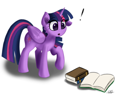 Size: 1300x1000 | Tagged: safe, artist:sadtrooper, character:twilight sparkle, character:twilight sparkle (alicorn), species:alicorn, species:pony, book, exclamation point, female, simple background, solo, that pony sure does love books, white background