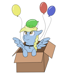 Size: 2061x2313 | Tagged: safe, artist:eyeburn, oc, oc only, oc:windswept skies, species:pegasus, species:pony, balloon, box, charm, collar, floppy ears, male, pony in a box, simple background, solo, spread wings, stallion, static electricity, white background, wings