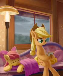 Size: 1500x1800 | Tagged: safe, artist:emeraldgalaxy, character:apple bloom, character:applejack, species:earth pony, species:pony, adorabloom, apple sisters, art, blanket, bow, clothing, couch, cowboy hat, cute, duo, female, filly, hair bow, hat, hoof hold, indoors, mare, rain, siblings, sisters, sitting, sleeping, window