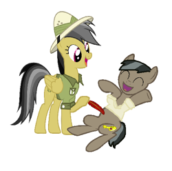 Size: 508x504 | Tagged: safe, artist:diana173076, character:daring do, character:doctor caballeron, species:earth pony, species:pegasus, species:pony, clothing, daballeron, eyes closed, female, hat, hoof hold, laughing, male, mare, open mouth, raised hoof, shipping, shirt, simple background, stallion, straight, tickle torture, tickling, white background