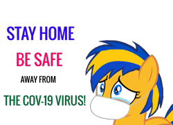 Size: 1135x824 | Tagged: safe, artist:mlpfan3991, oc, oc:flare spark, species:pegasus, species:pony, coronavirus, covering mouth, covid-19, crying, mask, ppe, simple background, solo, stay at home, surgical mask, transparent background