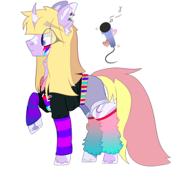 Size: 2500x2500 | Tagged: safe, artist:bublebee123, oc, oc only, oc:stardust serenade, parent:fuchsia blush, parent:lavender lace, parents:fuchsiavender, species:pony, species:unicorn, icey-verse, belt, clothing, curved horn, ear piercing, earring, female, hoodie, horn, jewelry, leg warmers, magical lesbian spawn, makeup, mare, markings, multicolored hair, offspring, piercing, raised hoof, shirt, shorts, simple background, solo, transparent background