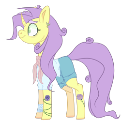 Size: 2500x2500 | Tagged: safe, artist:bublebee123, character:sunshine petals, species:pony, species:unicorn, icey-verse, alternate hairstyle, bandage, clothing, commission, curved horn, ear piercing, earring, female, horn, jewelry, mare, piercing, redesign, scarf, shirt, shorts, simple background, snake bites, solo, t-shirt, tattoo, transparent background
