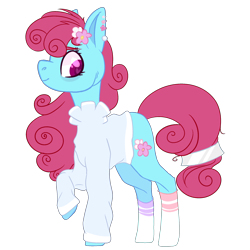 Size: 2500x2500 | Tagged: safe, artist:bublebee123, character:bluebonnet, species:earth pony, species:pony, icey-verse, alternate hairstyle, clothing, commission, ear piercing, earring, female, flower, flower in hair, heart eyes, jewelry, mare, mismatched socks, piercing, raised hoof, redesign, simple background, socks, solo, striped socks, sweater, transparent background, wingding eyes