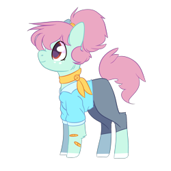 Size: 2500x2500 | Tagged: safe, artist:bublebee123, oc, oc only, oc:tulip seed, parent:bluebonnet, parent:sunshine petals, parents:sunbonnet, species:earth pony, species:pony, icey-verse, alternate hairstyle, bandaid, clothing, commission, female, freckles, jeans, magical lesbian spawn, mare, markings, offspring, older, pants, redesign, scarf, shirt, simple background, solo, transparent background