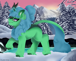 Size: 5000x4000 | Tagged: safe, artist:cyberafter, oc, oc only, oc:lex rudera, species:kirin, commission, forest, mountain, painted, river, snow, solo, tree, winter