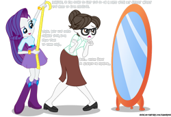 Size: 1280x878 | Tagged: safe, artist:gamerpen, character:rarity, character:raven inkwell, my little pony:equestria girls, date, dressmaking, equestria girls-ified, glasses, hardly visible text, implied ravenspike, implied shipping, implied spike, implied straight, measuring tape, mirror, rarity being rarity, secretary, simple background, transparent background