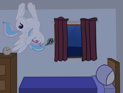 Size: 3200x2400 | Tagged: safe, artist:eyeburn, oc, oc only, oc:starburn, species:pegasus, species:pony, balloon pony, bed, ceiling, clock, curtains, dresser, female, frustrated, inflatable, inflatable pony, mare, night, solo, upside down