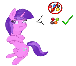 Size: 2184x1903 | Tagged: safe, artist:eyeburn, character:amethyst star, character:sparkler, oc, oc:tinisparkler, species:pony, species:unicorn, candy, crossed arms, cute, food, grumpy, m&ms, skittles, solo