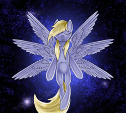Size: 1364x1217 | Tagged: safe, artist:myhysteria, character:derpy hooves, species:pegasus, species:pony, eyes closed, female, mare, multiple wings, seraph, six wings, solo, spread wings, the cosmos, wings