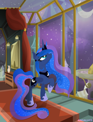 Size: 1544x2032 | Tagged: safe, artist:andaluce, character:princess luna, species:alicorn, species:pony, carpet, city, crescent moon, female, jewelry, mare, moon, night, nightsky, painting, peaceful, raised hoof, regalia, scenery, solo, stars, wings