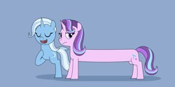 Size: 3607x1783 | Tagged: safe, alternate version, artist:gd_inuk, character:starlight glimmer, character:trixie, species:pony, species:unicorn, blue background, eyes closed, long glimmer, long pony, meme, simple background, starlight is not amused, two legged creature, unamused, wat