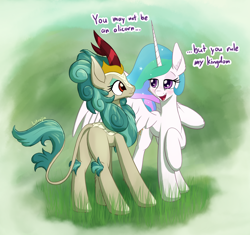 Size: 2500x2350 | Tagged: safe, artist:litrojia, character:princess celestia, character:rain shine, species:alicorn, species:kirin, species:pony, ship:rainlestia, blushing, butt, confused, crack shipping, dialogue, female, flirting, head tilt, high res, kirin day, lesbian, looking at each other, mare, pickup lines, plot, raised hoof, raised leg, shipping, smiling, spread wings, wings