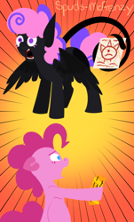 Size: 458x760 | Tagged: safe, artist:spudsmcfrenzy, character:pinkie pie, oc, oc:inky, parent:pinkie pie, parent:tantabus, species:earth pony, species:pony, comic:skinwalker, inkieverse, female, grimdark series, hybrid, interspecies offspring, lineless, mare, offspring, parents:tantapie, prehensile tail, shocked, tail hold
