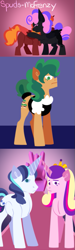 Size: 359x1200 | Tagged: safe, artist:spudsmcfrenzy, character:princess cadance, character:shining armor, oc, oc:eclipse, oc:inky, parent:pinkie pie, parent:tantabus, species:alicorn, species:earth pony, species:pony, species:unicorn, comic:skinwalker, inkieverse, clothing, comic, eyes closed, female, filly, grimdark series, hug, hybrid, interspecies offspring, maid, male, mare, offspring, parents:tantapie, stallion