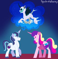 Size: 931x956 | Tagged: safe, artist:spudsmcfrenzy, character:princess cadance, character:shining armor, species:alicorn, species:pony, species:unicorn, comic:skinwalker, inkieverse, crying, female, grimdark series, male, mare, monster, skinwalker, stallion