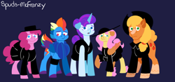 Size: 1050x492 | Tagged: safe, artist:spudsmcfrenzy, character:applejack, character:fluttershy, character:pinkie pie, character:rainbow dash, character:rarity, species:earth pony, species:pegasus, species:pony, species:unicorn, comic:skinwalker, inkieverse, clothing, crying, female, grimdark series, mare, skirt
