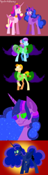 Size: 822x2974 | Tagged: safe, artist:spudsmcfrenzy, character:princess cadance, character:princess luna, character:twilight sparkle, character:twilight sparkle (alicorn), species:alicorn, species:pony, comic:skinwalker, inkieverse, comic, female, grimdark series, mare, possessed, possession, sombra eyes, this will end in death, this will end in tears, this will end in tears and/or death