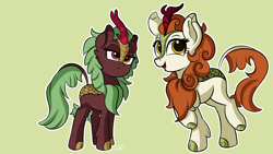Size: 3840x2160 | Tagged: safe, artist:sadtrooper, character:autumn blaze, character:cinder glow, character:summer flare, species:kirin, cute, duo, green background, happy, high res, open mouth, simple background