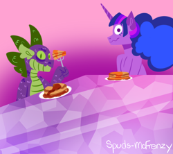 Size: 698x621 | Tagged: safe, artist:spudsmcfrenzy, character:spike, character:twilight sparkle, species:dragon, species:pony, comic:skinwalker, inkieverse, female, food, fork, grimdark series, male, mare, pancakes
