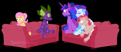 Size: 1220x530 | Tagged: safe, artist:spudsmcfrenzy, character:fluttershy, character:rarity, character:spike, character:twilight sparkle, character:twilight sparkle (alicorn), oc, oc:filet, parent:fluttershy, parent:rarity, parents:flarity, species:alicorn, species:dragon, species:pony, species:unicorn, comic:skinwalker, inkieverse, black background, couch, female, grimdark series, magical lesbian spawn, mare, offspring, simple background, sitting