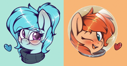 Size: 2394x1241 | Tagged: safe, artist:rexyseven, oc, oc only, oc:rusty gears, oc:whispy slippers, species:pony, blushing, bust, female, glasses, helmet, mare, one eye closed, portrait, wink