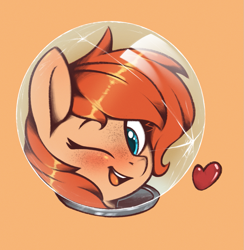 Size: 1209x1241 | Tagged: safe, artist:rexyseven, oc, oc only, oc:rusty gears, species:pony, blushing, bust, cracked, cracks, female, freckles, heart, helmet, looking at you, mare, one eye closed, portrait, simple background, solo, wink