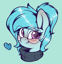 Size: 1209x1241 | Tagged: safe, artist:rexyseven, oc, oc only, oc:whispy slippers, species:earth pony, species:pony, blushing, bust, clothing, female, glasses, heart, looking at you, mare, portrait, simple background, solo, sweater, turtleneck