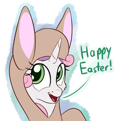 Size: 1000x1000 | Tagged: safe, artist:litrojia, character:sweetie belle, species:pony, species:unicorn, animal costume, bunny costume, bunny ears, bust, clothing, costume, dialogue, female, filly, looking at you, portrait, raised hoof, simple background, smiling, solo, transparent background