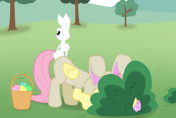 Size: 3000x2000 | Tagged: safe, artist:nitei, character:angel bunny, character:fluttershy, species:pegasus, species:pony, species:rabbit, animal, animal costume, basket, bunny costume, clothing, costume, crouching, easter basket, easter egg, easter egg hunt, egg