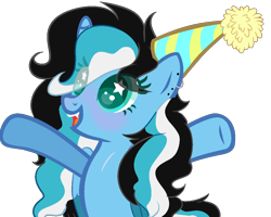 Size: 1046x838 | Tagged: safe, artist:bublebee123, oc, oc only, oc:moonlight shadow, species:alicorn, species:pony, alicorn oc, bipedal, birthday, birthday gift, blushing, clothing, cute, ear piercing, earring, fangs, female, hat, horn, jewelry, mare, multicolored hair, open mouth, party hat, piercing, raised hoof, scar, simple background, solo, starry eyes, transparent background, wingding eyes, wings