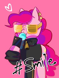 Size: 768x1024 | Tagged: safe, artist:tomizawa96, character:pinkie pie, species:pony, bubblegum, cellphone, clothing, female, food, gum, phone, solo, sunglasses