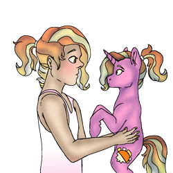 Size: 1000x1000 | Tagged: safe, artist:bublebee123, artist:xsugarxwolfiex, edit, character:luster dawn, species:human, species:pony, species:unicorn, alternate hairstyle, blushing, clothing, collaboration, color edit, colored, confused, duality, female, holding a pony, human ponidox, humanized, mare, nail polish, ponidox, self paradox, self ponidox, simple background, tank top, transparent background