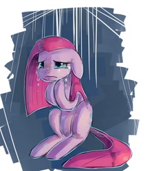 Size: 864x1024 | Tagged: safe, artist:terrac0tta, character:pinkamena diane pie, character:pinkie pie, species:earth pony, species:pony, abstract background, crying, female, floppy ears, mare, sad, sitting, solo