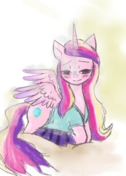 Size: 720x1008 | Tagged: safe, artist:terrac0tta, character:princess cadance, species:alicorn, species:pony, blushing, clothing, female, lidded eyes, looking at you, mare, prone, shirt, smiling, socks, solo, striped socks, traditional art