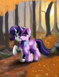 Size: 2300x3000 | Tagged: safe, artist:sadtrooper, character:rarity, character:twilight sparkle, character:twilight sparkle (alicorn), species:alicorn, species:pony, species:unicorn, ship:rarilight, autumn, clothing, cute, female, forest, leaves, lesbian, mare, painting, scarf, shipping, smiling, tree