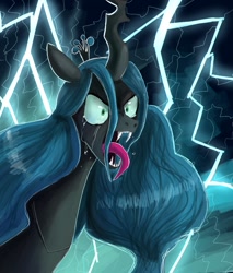 Size: 850x1000 | Tagged: safe, artist:terrac0tta, character:queen chrysalis, species:changeling, angry, changeling queen, crying, female, lightning, solo