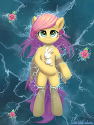 Size: 1500x2000 | Tagged: safe, artist:emeraldgalaxy, character:angel bunny, character:fluttershy, species:pegasus, species:pony, species:rabbit, animal, cute, duo, female, floating, flower, looking up, mare, on back, shyabetes, stray strand, water, wings